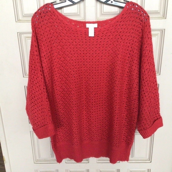 Chico's Sweater Sz1 Classic Pullover Loose Knit Red Banded Cuffs/Hem Pre-Owned - Picture 8 of 10